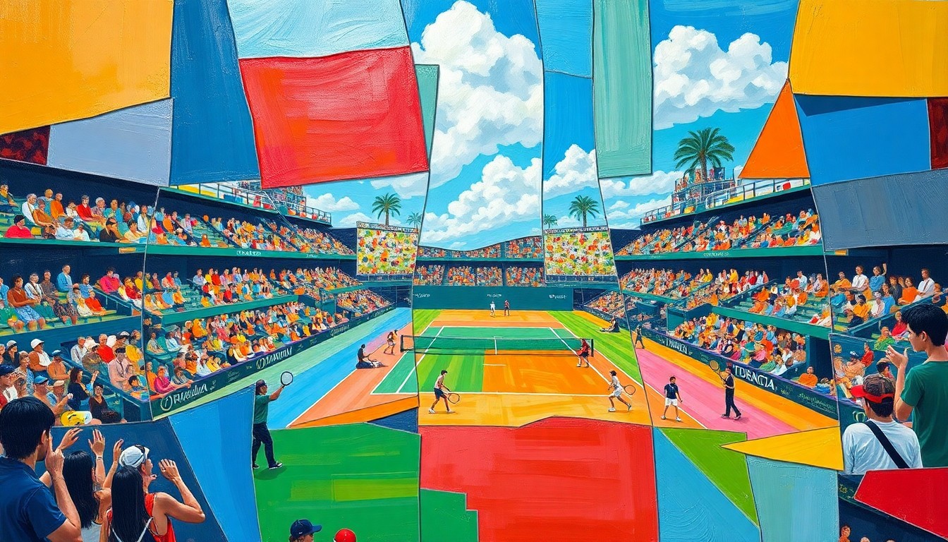 A fragmented, geometric painting depicting a tennis match, with overlapping planes and shapes representing the unpredictable nature of the 2024 Miami Open tournament.