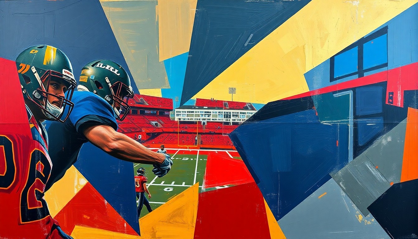 A cubist, geometric painting depicting fragmented and overlapping views of a college football game, with sharp planes of navy blue, crimson red, and gold representing the dynamic nature of the transfer portal and its impact on team-building.