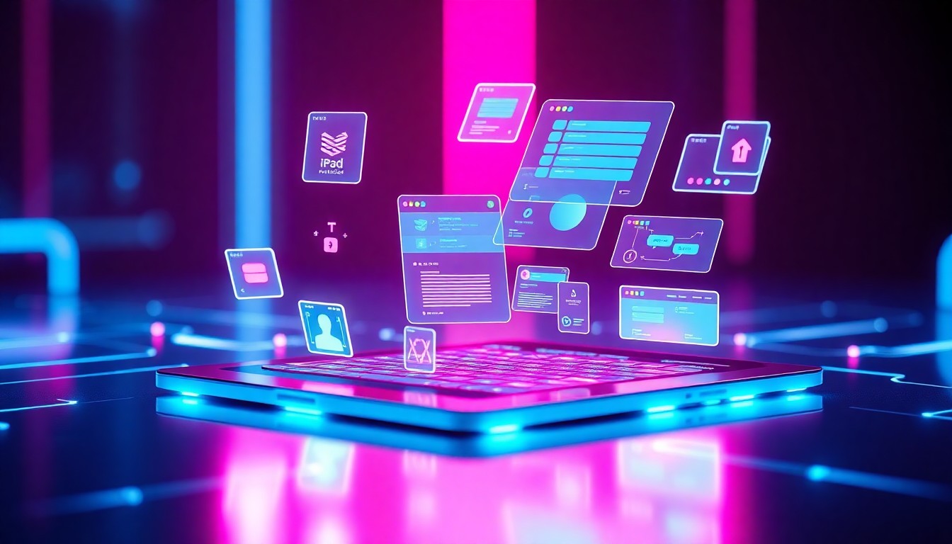 A highly detailed, glowing 3D macro illustration of a futuristic iPad device with multiple windows and floating interface elements, bathed in neon cyan and magenta lights, conceptually representing advanced digital technology that enhances productivity and multitasking.