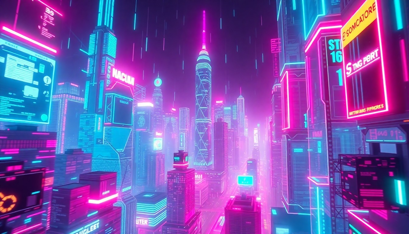 A highly detailed, glowing 3D illustration of a futuristic cyberpunk cityscape, with skyscrapers, holograms, and data streams illuminated by vibrant neon lights, creating a sense of technological advancement and immersion.