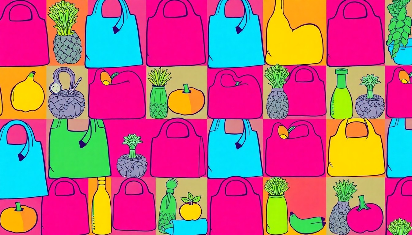 A brightly colored, high-contrast silkscreen print of a reusable grocery bag, repeated in a tight grid pattern, conceptually representing the joyful energy of a community festival.