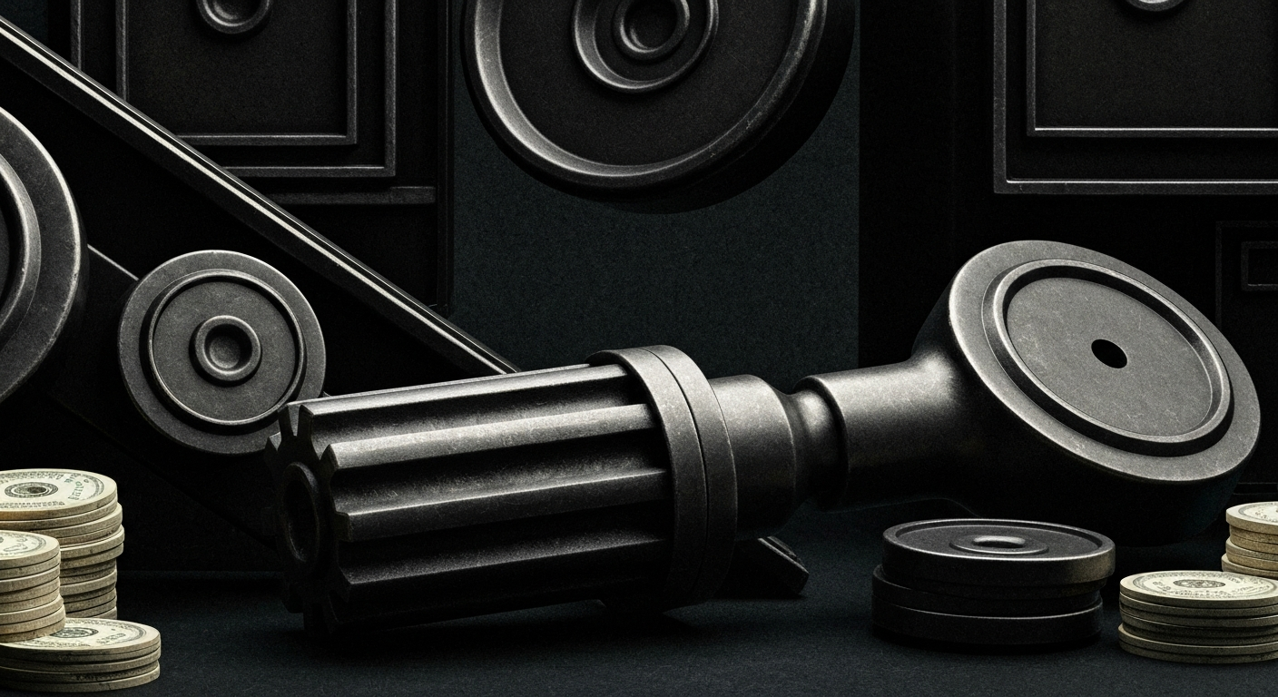 An extreme close-up of intricate, metallic banking mechanisms and machinery, conveying the complex and powerful forces shaping the cryptocurrency market.