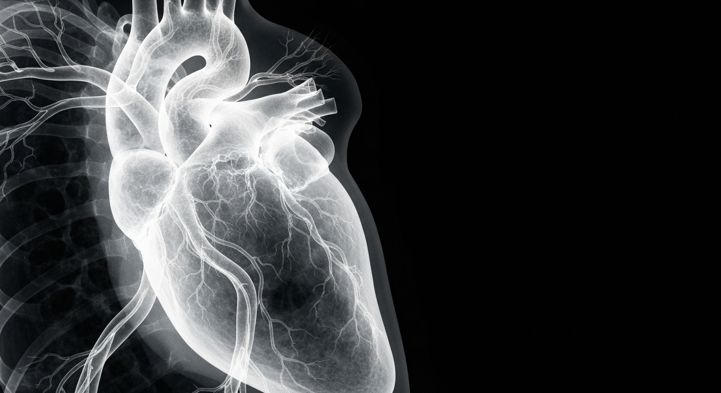 An extreme close-up X-ray photograph revealing the glowing, ghostly outline of a human heart and circulatory system, conceptually representing the fragility and complexity of the human body.