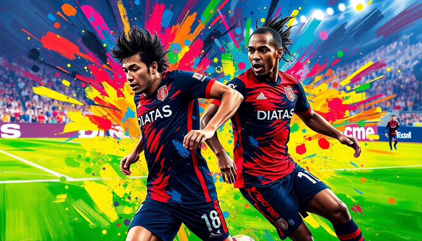 An explosive, colorful painting capturing the raw energy and movement of LAFC players Son Heung-min and Denis Bouanga on the pitch, with their forms dissolving into vibrant brushstrokes and neon hues.
