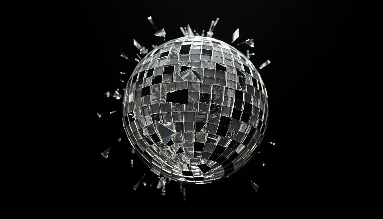 An abstract, high-contrast close-up image of shattered, glittering disco ball glass, conveying the fragility of celebrity-brand partnerships when faced with controversy.