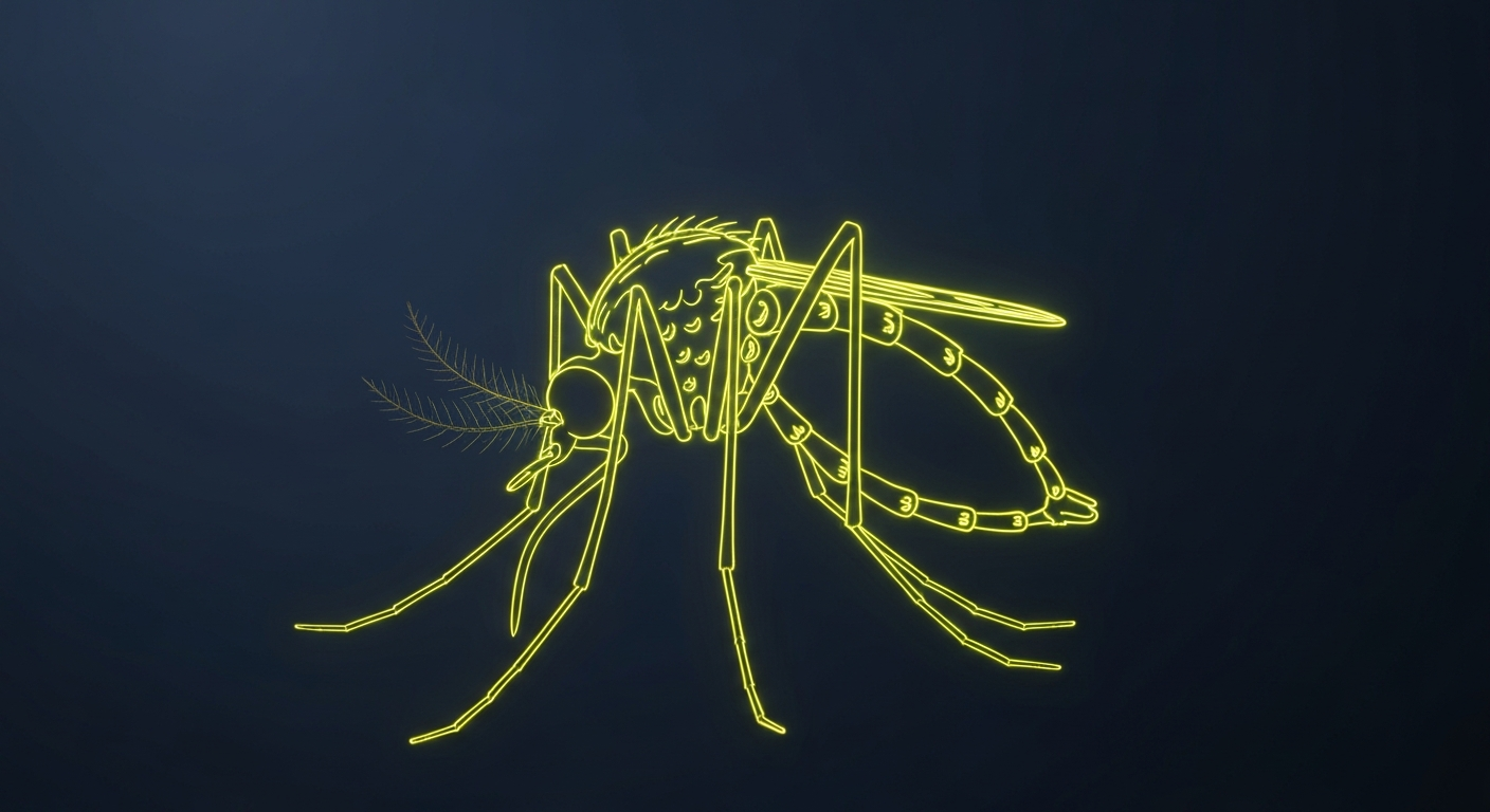 A minimalist design in the style of Keith Haring, where a mosquito is defined entirely by glowing, vibrant neon lines against a deep, dark background, emphasizing the shape and electricity of the insect and the urgency of the situation.