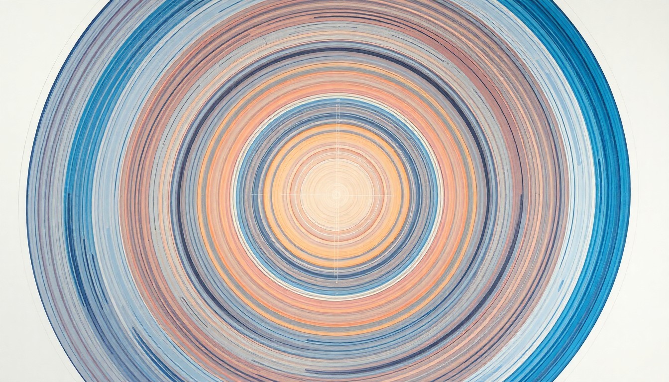 A bold, abstract painting in soft blues, greens, and grays, featuring sweeping geometric arcs, concentric circular patterns, and precise intersecting waveforms, conceptually representing the complex optical and computational principles behind the revolutionary MASI imaging technology.