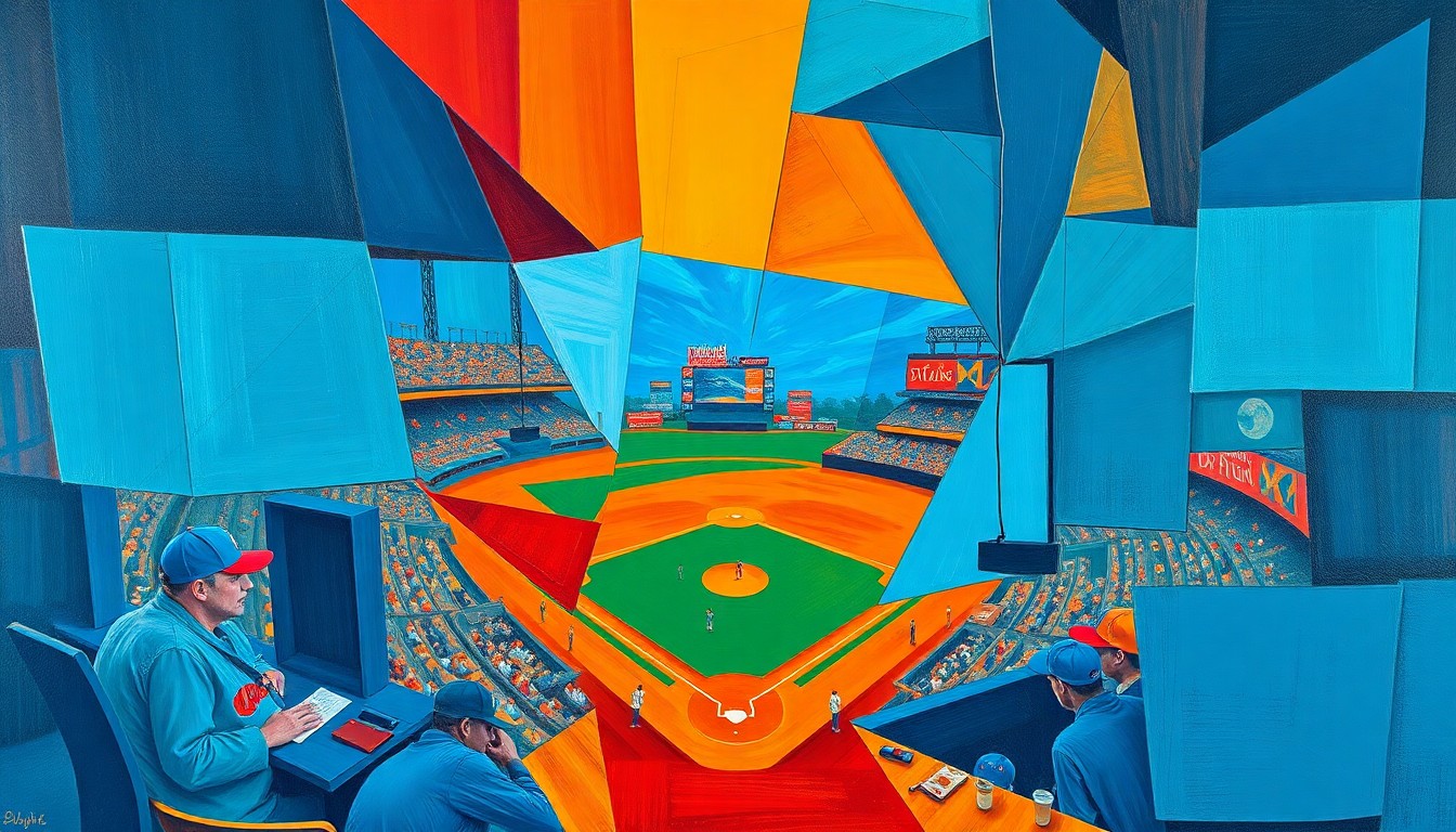 A cubist, geometric painting depicting a baseball game, with sharp, overlapping planes of color representing the dynamic action on the field.