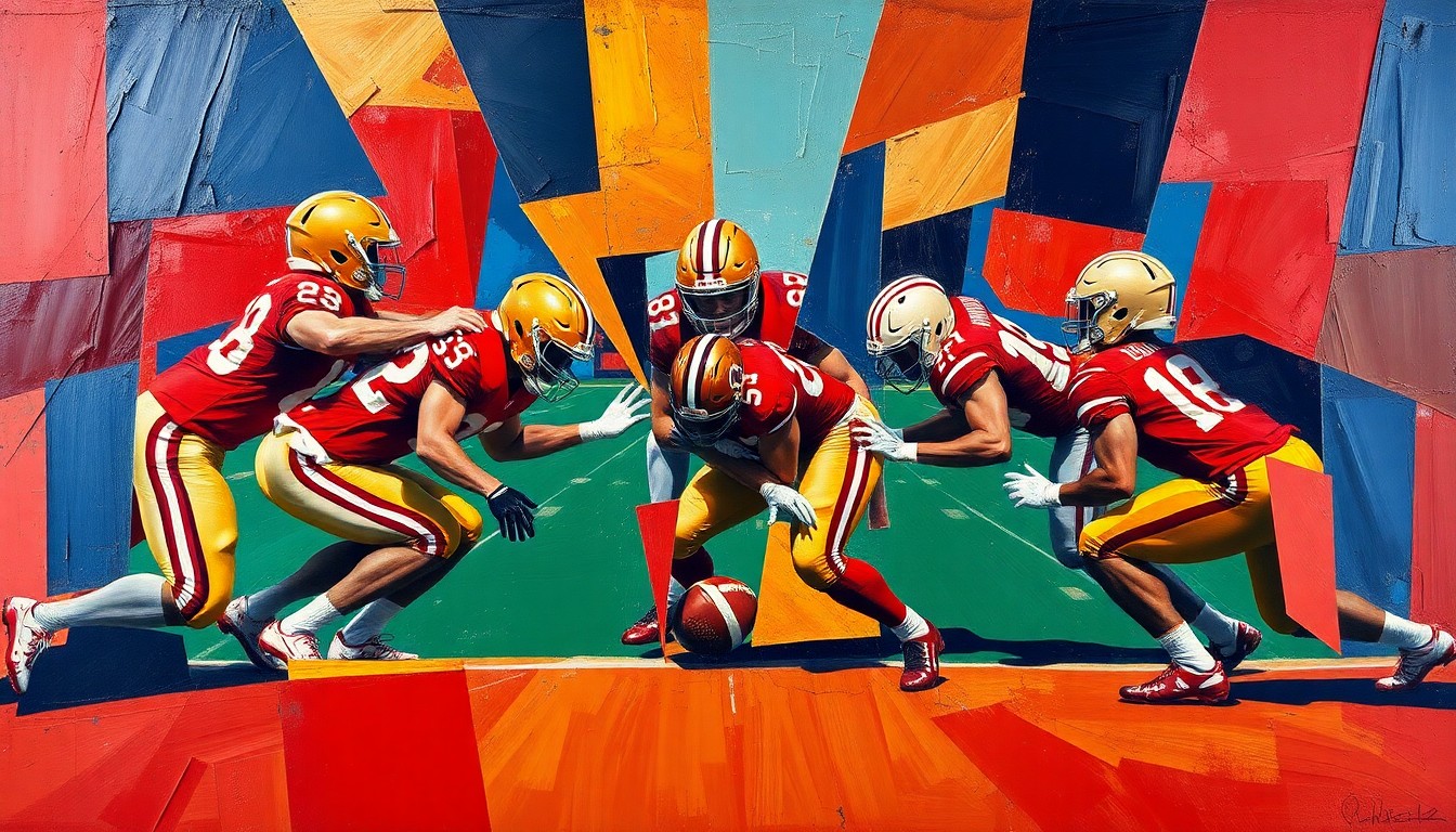 A fragmented, geometric painting depicting the complex movements and overlapping roles of a college football defensive formation, conveying the strategic depth and mentorship-driven culture cultivated by Ohio State's defensive coordinator.