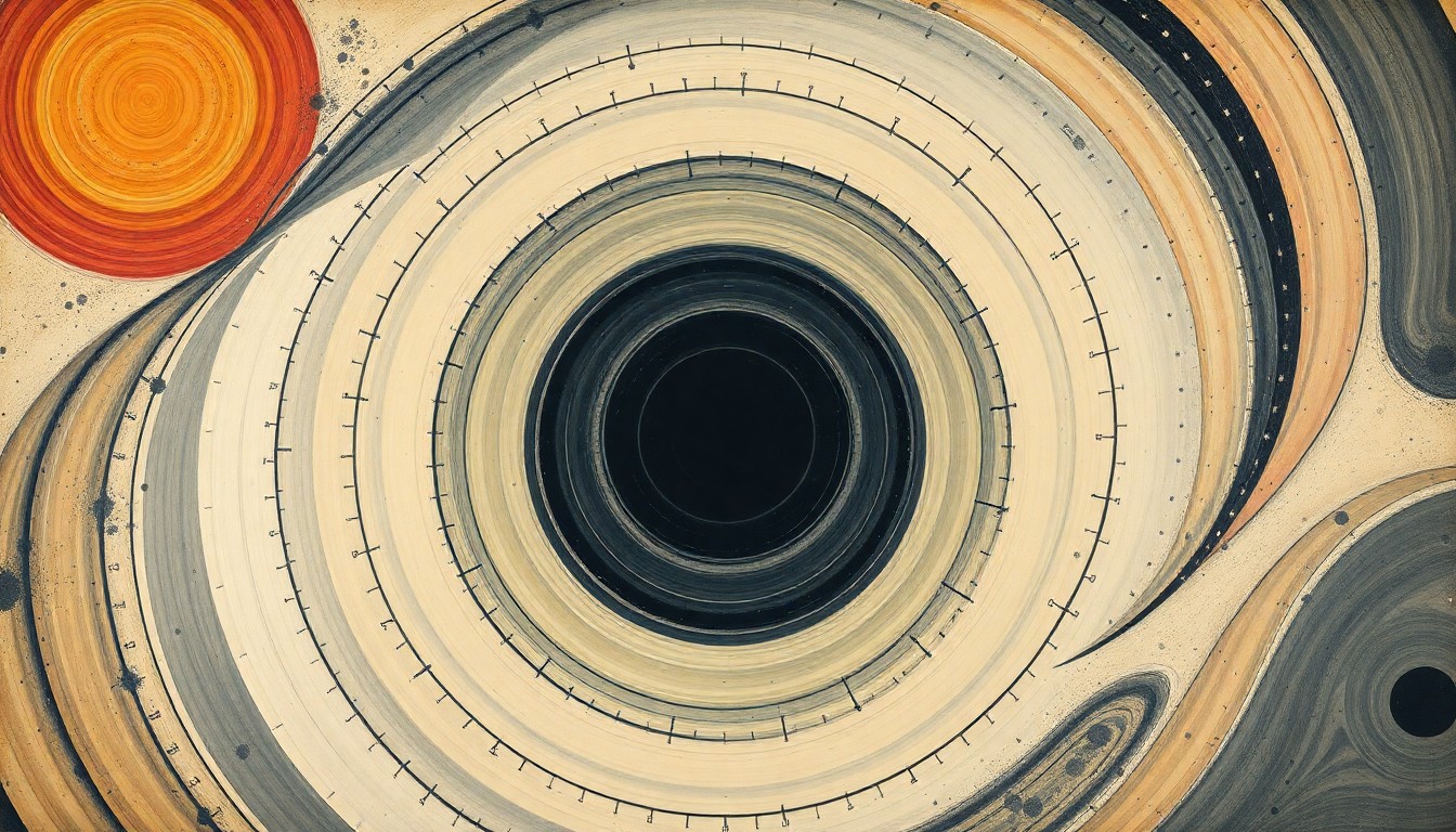 A highly structured abstract painting featuring sweeping geometric arcs, concentric circles, and precise spirals in soft, flat colors against a clean background, conveying the complex scientific forces and concepts related to dark matter without using any text or symbols.