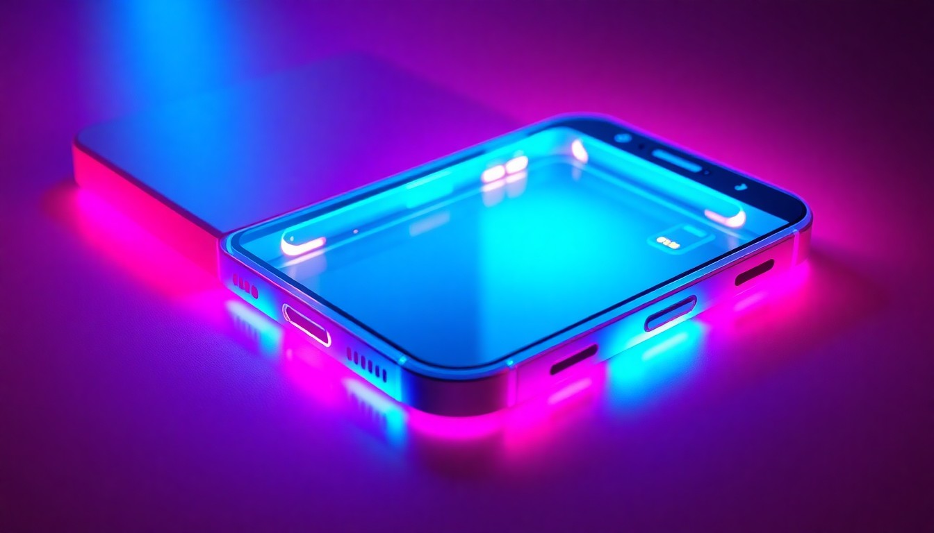 A highly detailed, glowing 3D macro illustration of a futuristic, illuminated smartphone chassis in neon cyan and magenta hues, conceptually representing the advanced technology and innovative design of the next-generation iPhone Air.
