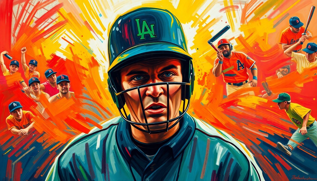 An abstract, energetic painting in neon colors depicting the chaotic motion and intensity of a baseball game, with the umpire's mask and face obscured in a blur of movement, conceptually representing the dangers faced by officials on the field.