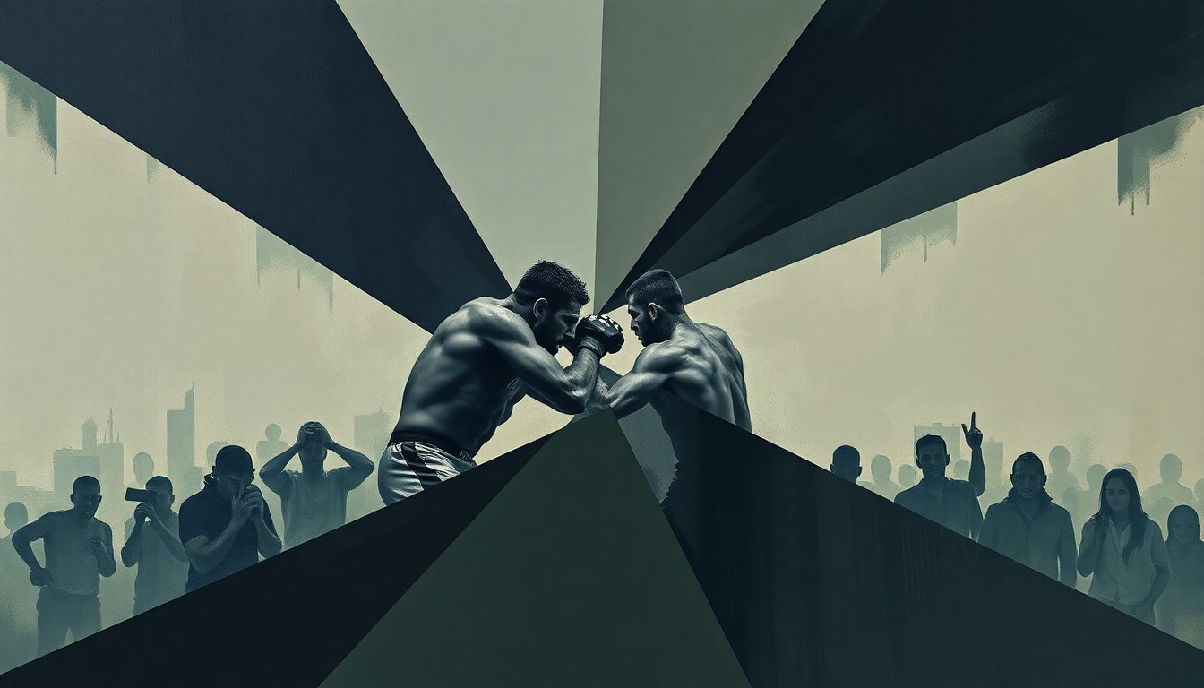 A cubist, geometric painting depicting a fragmented, multi-angled view of a UFC fight, with sharp, overlapping planes in muted tones of navy, charcoal, and olive green, conceptually representing the complex power dynamics and financial inequalities within the promotion.