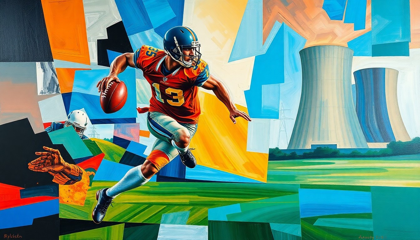 A fractured, geometric painting depicting a football player in motion, with a nuclear reactor in the background, rendered in a vibrant, cubist style using sharp, overlapping planes of color.