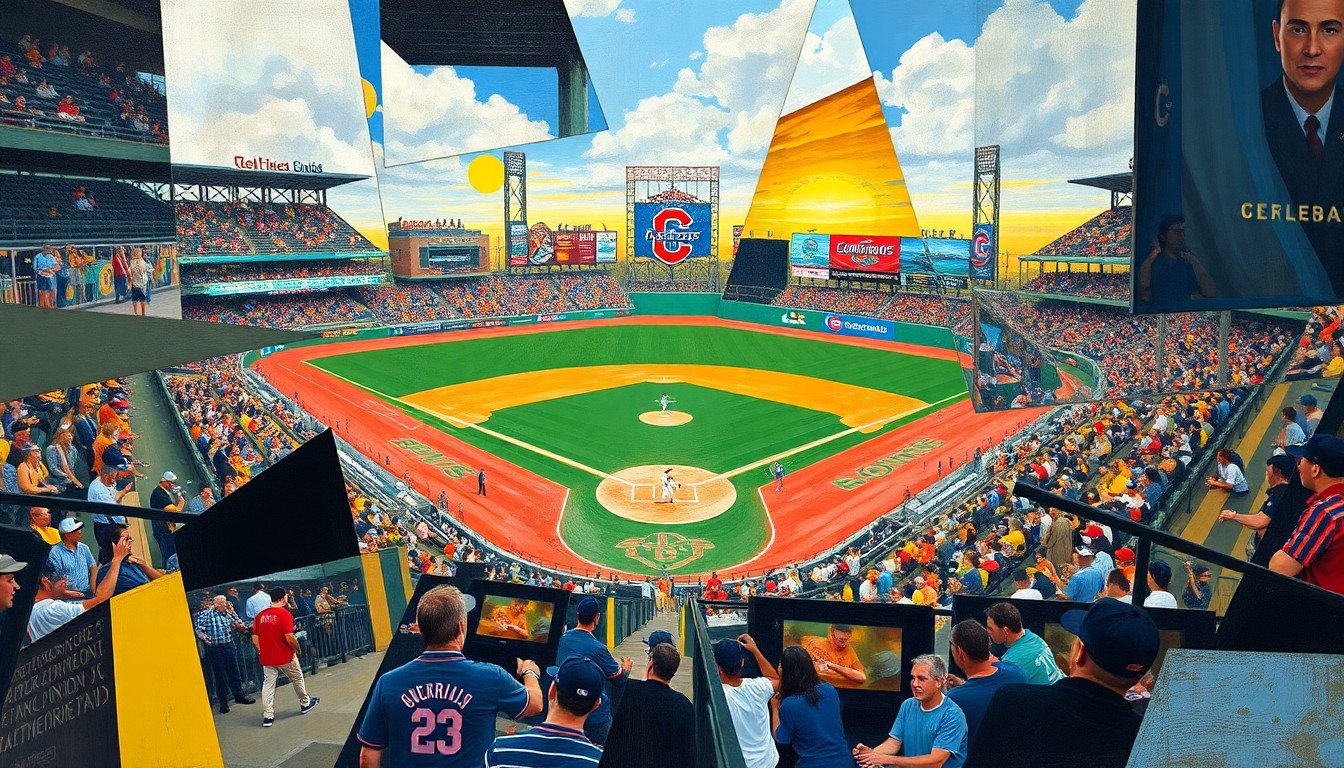 A fractured, multi-perspective painting depicting a baseball game or match, with sharp, overlapping geometric planes in shades of blue, red, and yellow, conceptually representing the enduring legacy of Jose Ramirez's record-breaking career with the Cleveland Guardians.