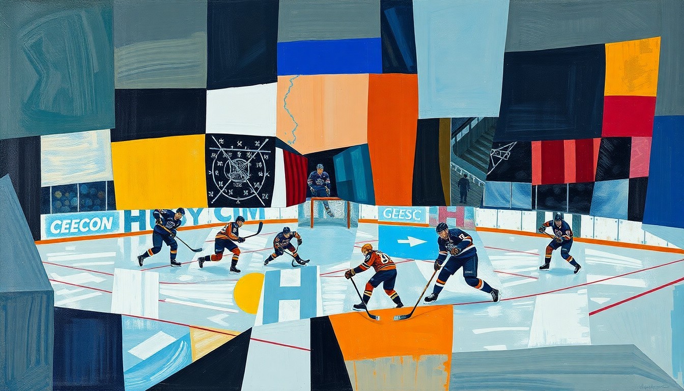 A fragmented, geometric painting depicting the action and movement of a hockey game, with players and the puck broken down into sharp, overlapping shapes and planes of color.