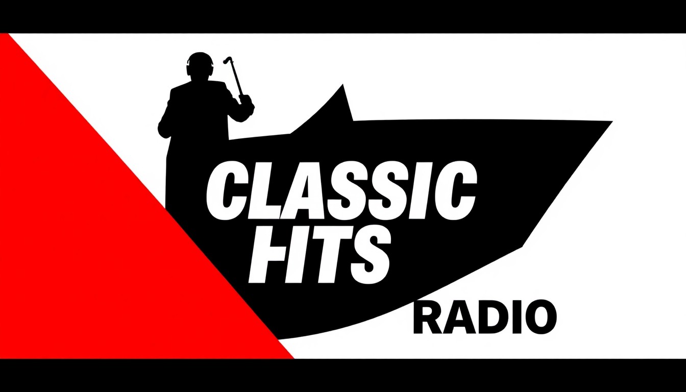 An abstract, minimalist illustration featuring bold, jagged shapes and silhouettes in high-contrast colors, conceptually representing the launch of a new classic hits radio station.