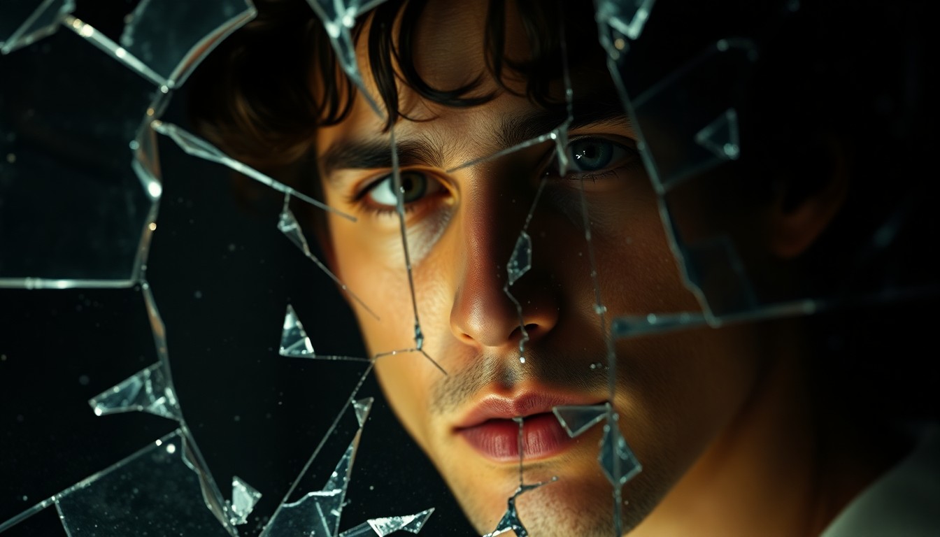 An extreme close-up photograph of a shattered, reflective glass surface, distorting the image of a face in a high-contrast, high-fashion aesthetic, evoking the chaotic energy of the film 'Marty Supreme'.