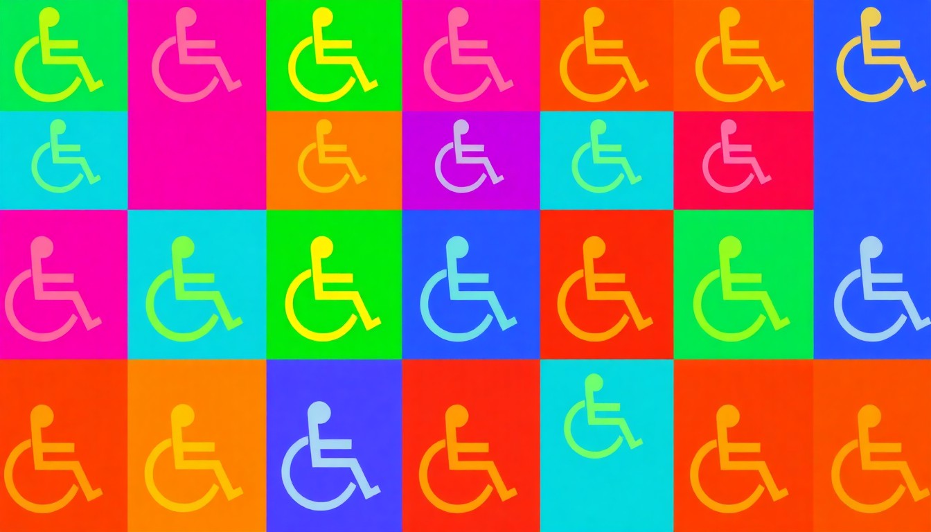 A bold, colorful silkscreen illustration featuring a wheelchair icon repeated in a grid pattern, representing the inclusive and accessible nature of the new Pride Center.