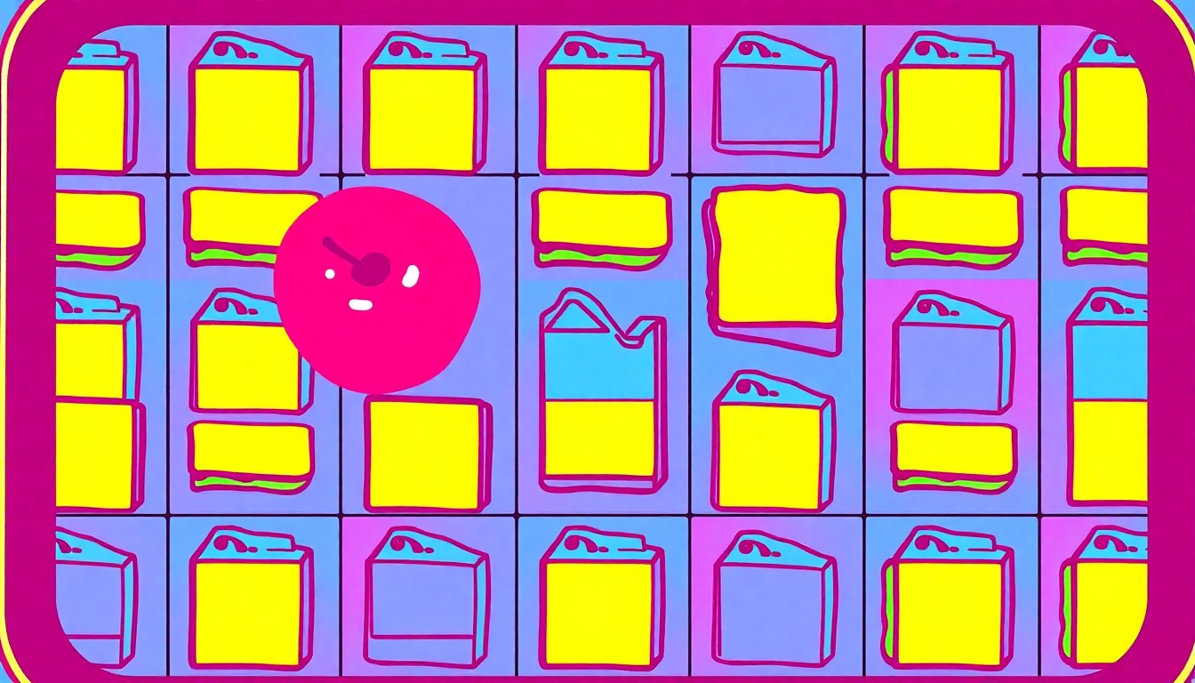 A brightly colored, high-contrast silkscreen print of a school cafeteria tray with a single, iconic lunch item repeated in a tight grid pattern, capturing the everyday objects that can become the backdrop for acts of courage and quick thinking.