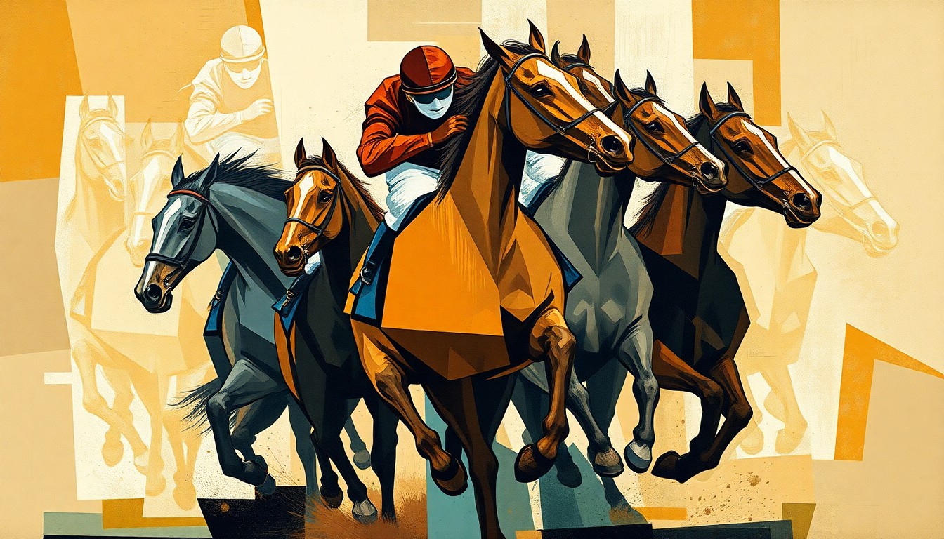 A cubist-style painting featuring overlapping geometric shapes and planes in shades of brown, gray, and blue, representing the dynamic motion and energy of a horse race.