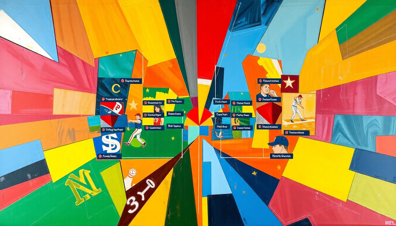 A cubist-style painting featuring sharp, overlapping geometric shapes in vibrant colors, representing the dynamics of a fantasy baseball draft board without any identifiable players or teams.