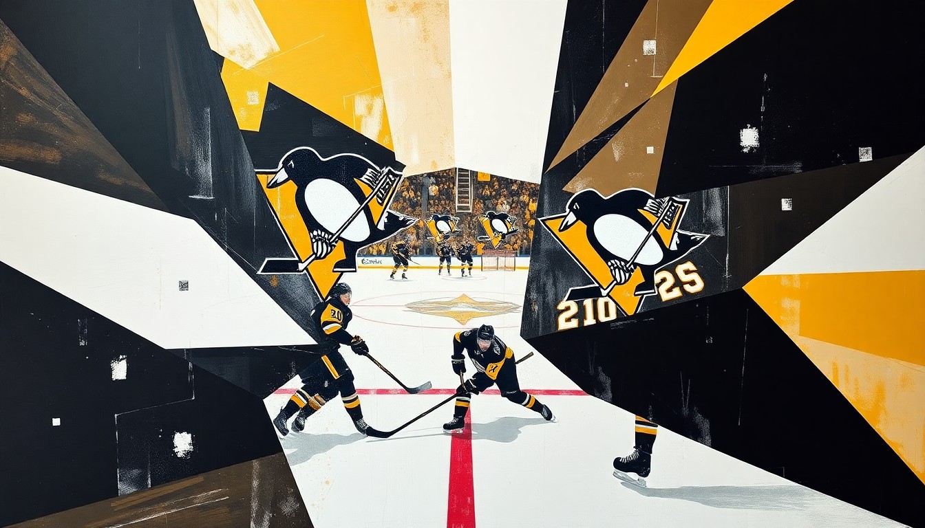 A cubist, geometric illustration depicting a hockey player in motion, with the player's form fractured and overlapping in various perspectives, capturing the dynamic energy of the sport.