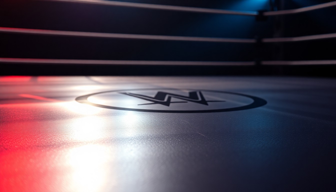 An extreme close-up photograph of a glossy, reflective wrestling ring mat surface, with the faint outline of a sponsor logo visible, captured in dramatic, high-contrast studio lighting to create a glitzy, high-fashion aesthetic.