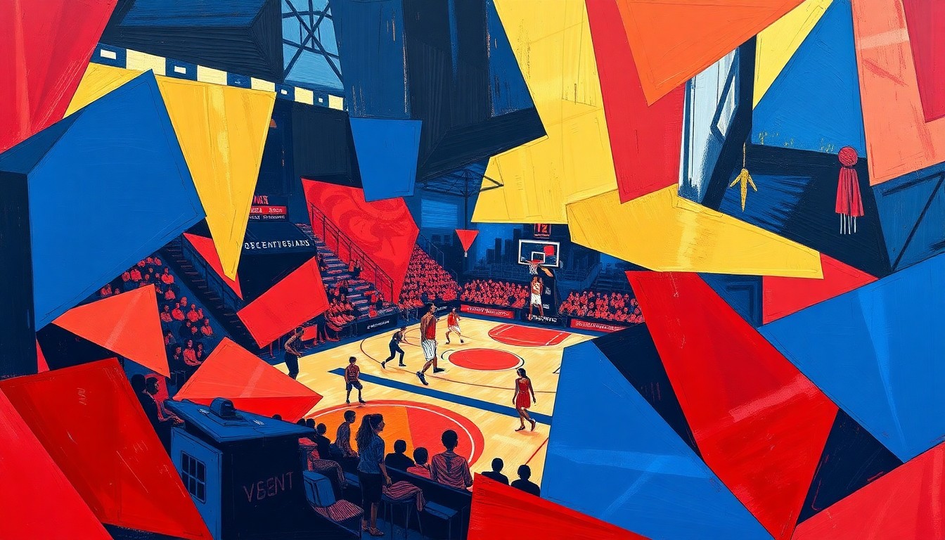 A cubist, geometric painting depicting a fragmented WNBA basketball game, with overlapping planes of navy, red, and gold colors creating a dynamic, abstract composition.