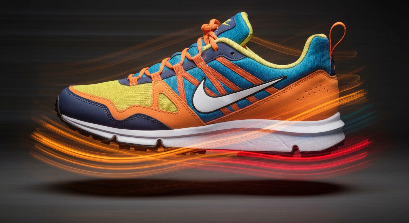 An abstract, colorful image created through a slow-shutter, panning camera technique, depicting a Nike ACG Pegasus Trail shoe as a blur of dynamic movement and energy.