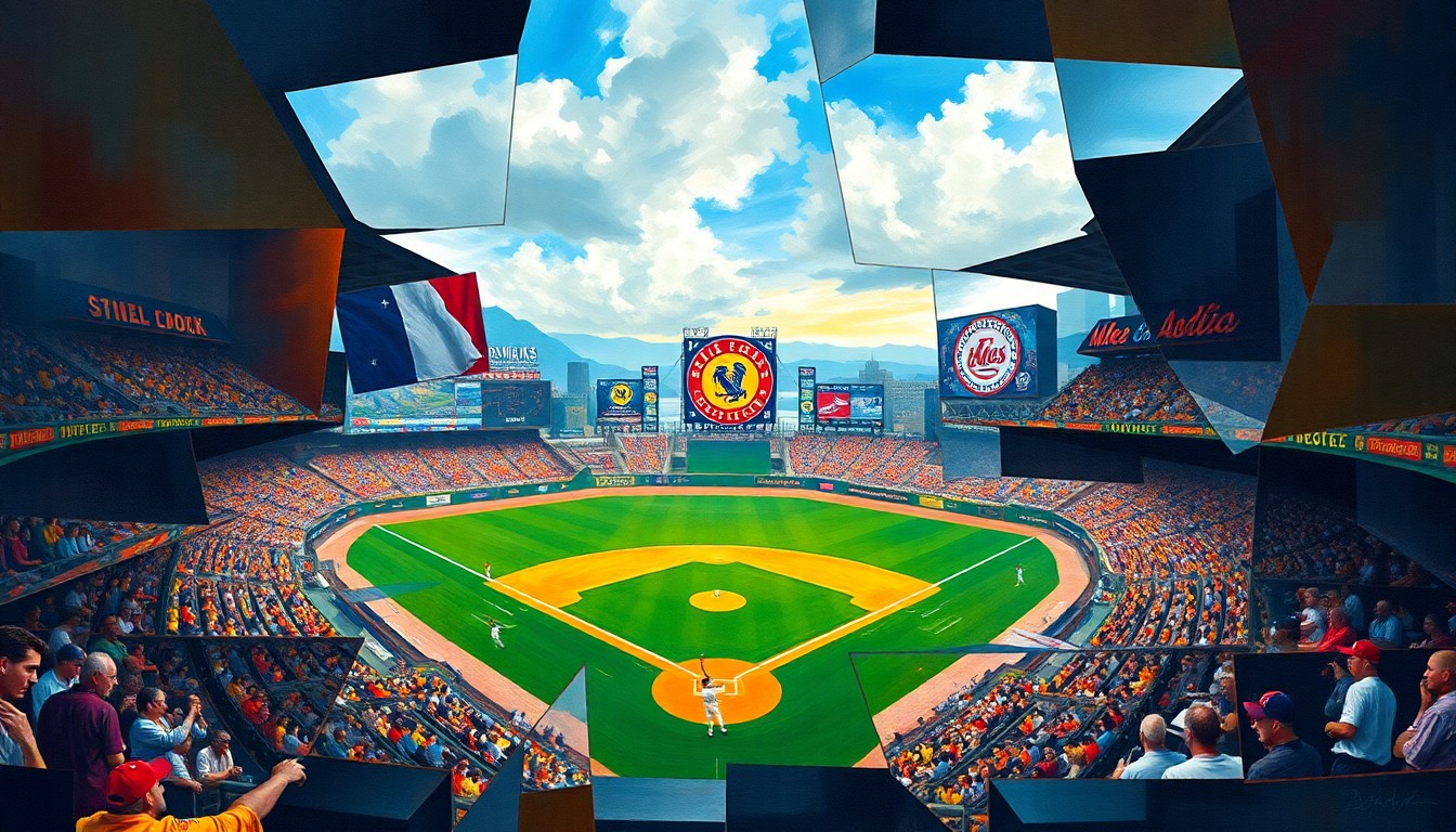 A cubist, geometric painting depicting a baseball game or match, with overlapping planes and shapes representing the different perspectives and dynamics at play in the Giants' trade negotiations.