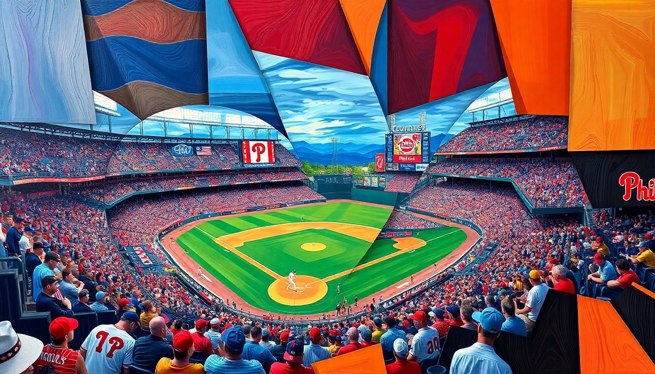 A cubist, geometric painting depicting a Phillies baseball game at Coors Field, with the players and stadium environment broken down into sharp, overlapping planes of vibrant colors.