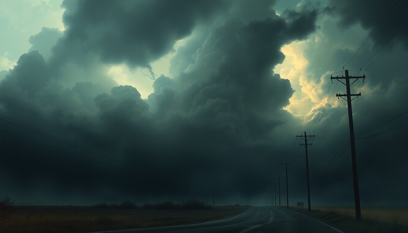 A sweeping, atmospheric landscape painting in muted tones of grey, blue, and gold, depicting a vast, rugged terrain with downed power lines and utility poles dwarfed by the dramatic, swirling clouds and intense lighting, conveying the raw power of the natural world.