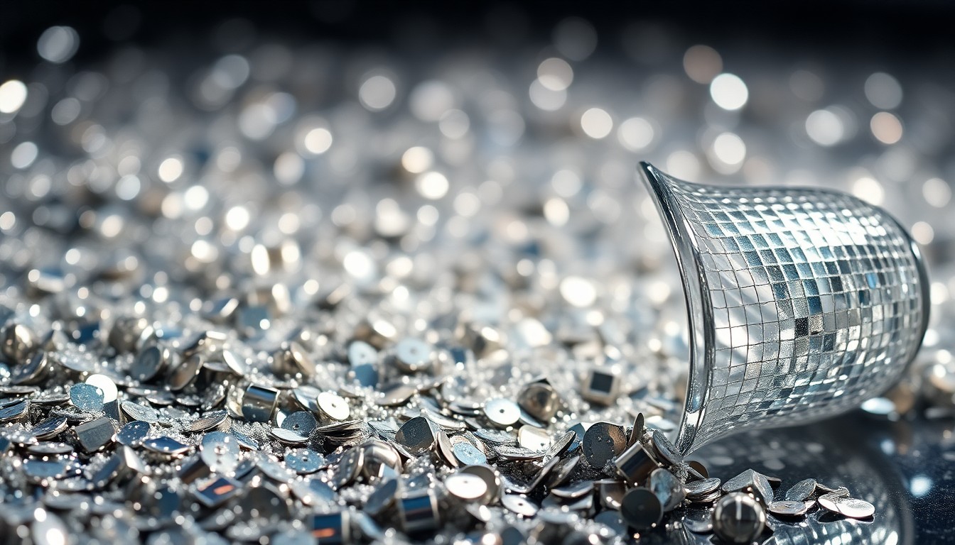 An extreme close-up photograph of sparkling sequins and shattered glass, capturing the high-contrast glamour and excess of the entertainment industry in an abstract, conceptual manner.