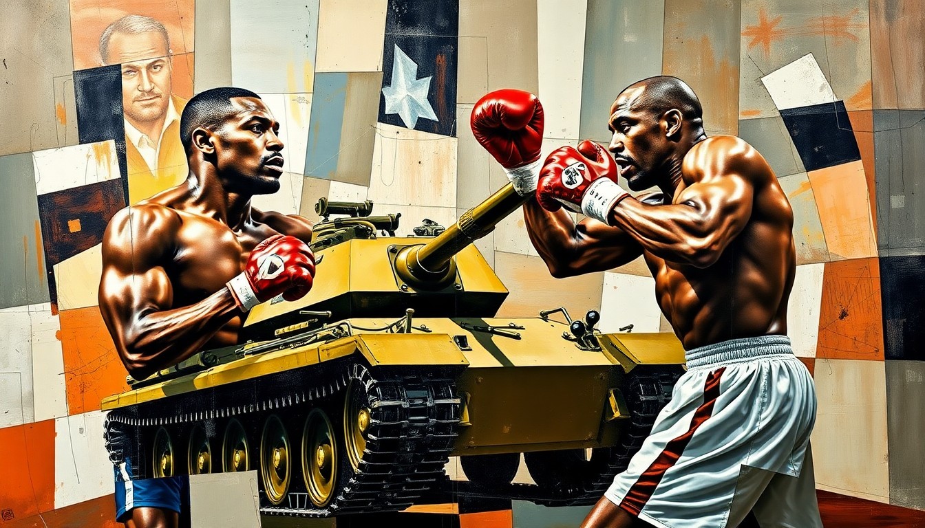 A fragmented, cubist-style painting depicting the figures of Derek Chisora and Deontay Wilder engaged in a boxing match, with the tank used by Chisora during the pre-fight stunt incorporated into the abstract, geometric composition, capturing the raw energy and intensity of the upcoming fight.