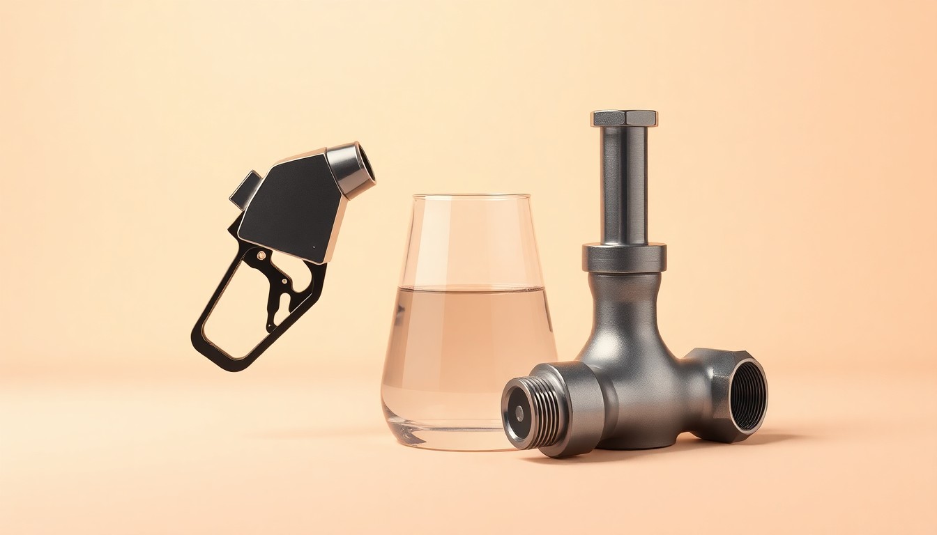A high-end, photorealistic studio still-life photograph featuring polished metal and glass objects arranged elegantly on a clean, monochromatic background, conceptually representing the advanced refining technology that will be used in the new facility.