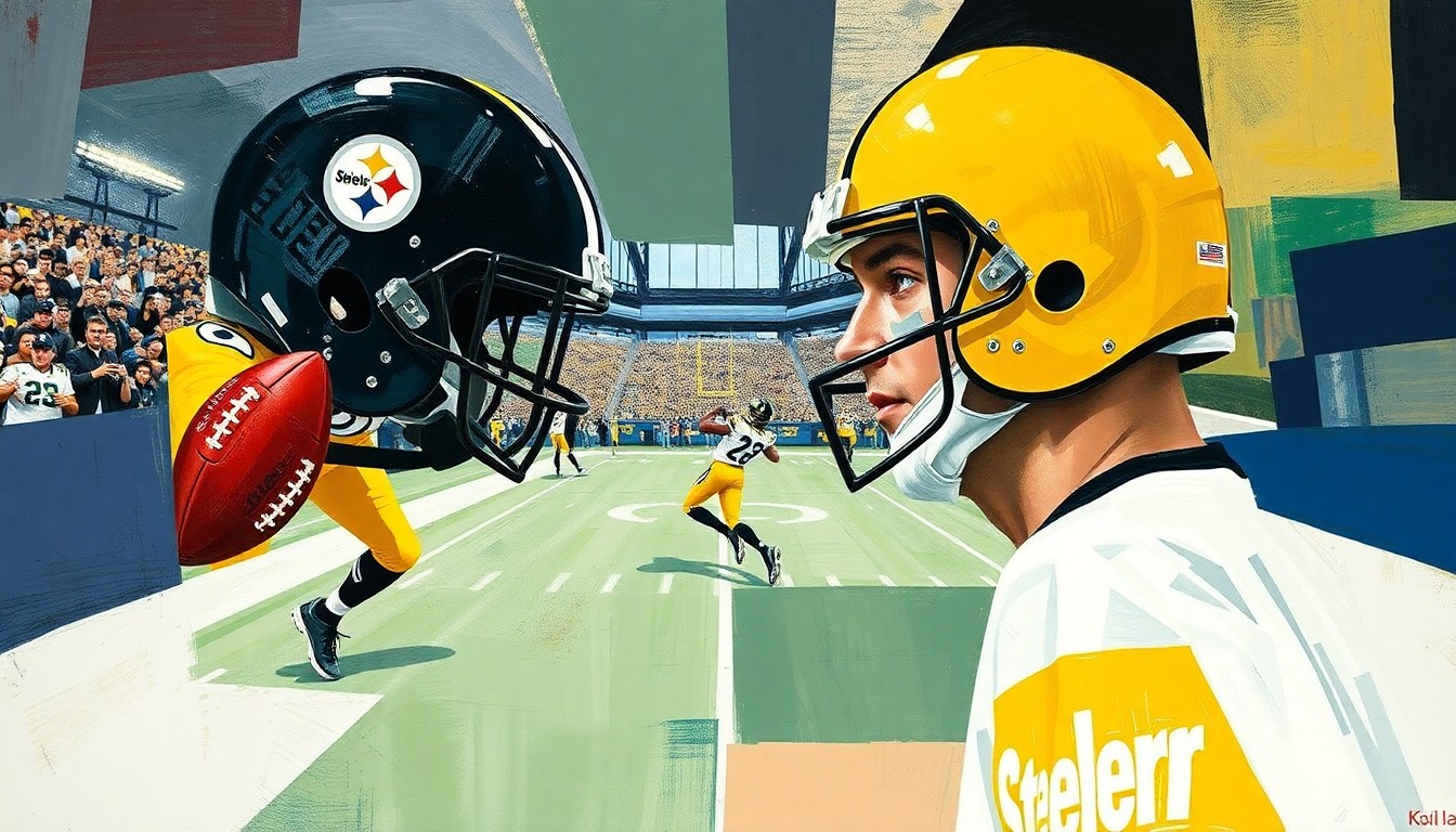 A fractured, multi-perspective painting depicting a football game or match, with sharp, overlapping geometric planes in muted tones, conceptually representing the intricate dynamics of the Steelers' pursuit of Aaron Rodgers.