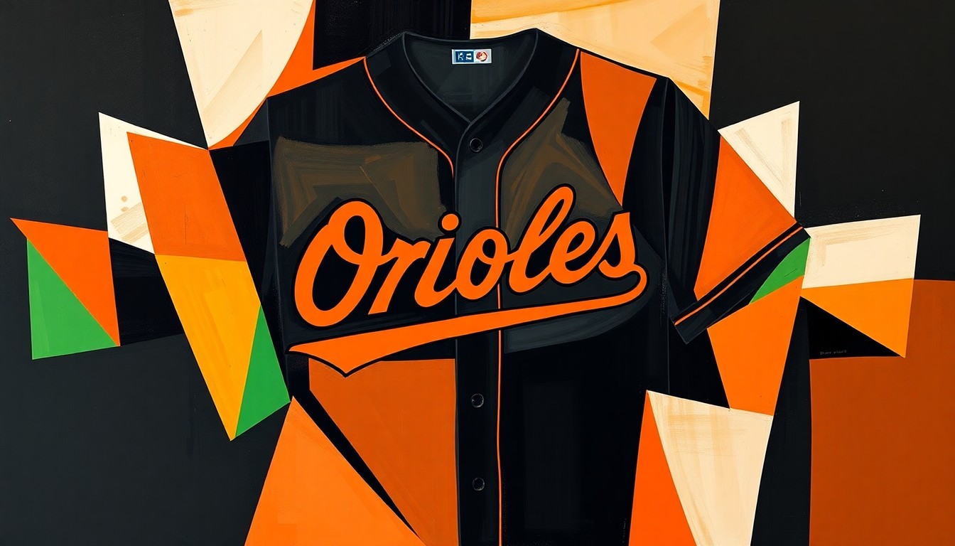 A cubist, geometric illustration depicting the various design elements of the Orioles' City Connect 2.0 uniforms, including the 'BMORE' logo, the home run patch, the sponsor patch, and the orange trim, all rendered in a fractured, multi-perspective style that captures the uniforms' connection to the city's identity.