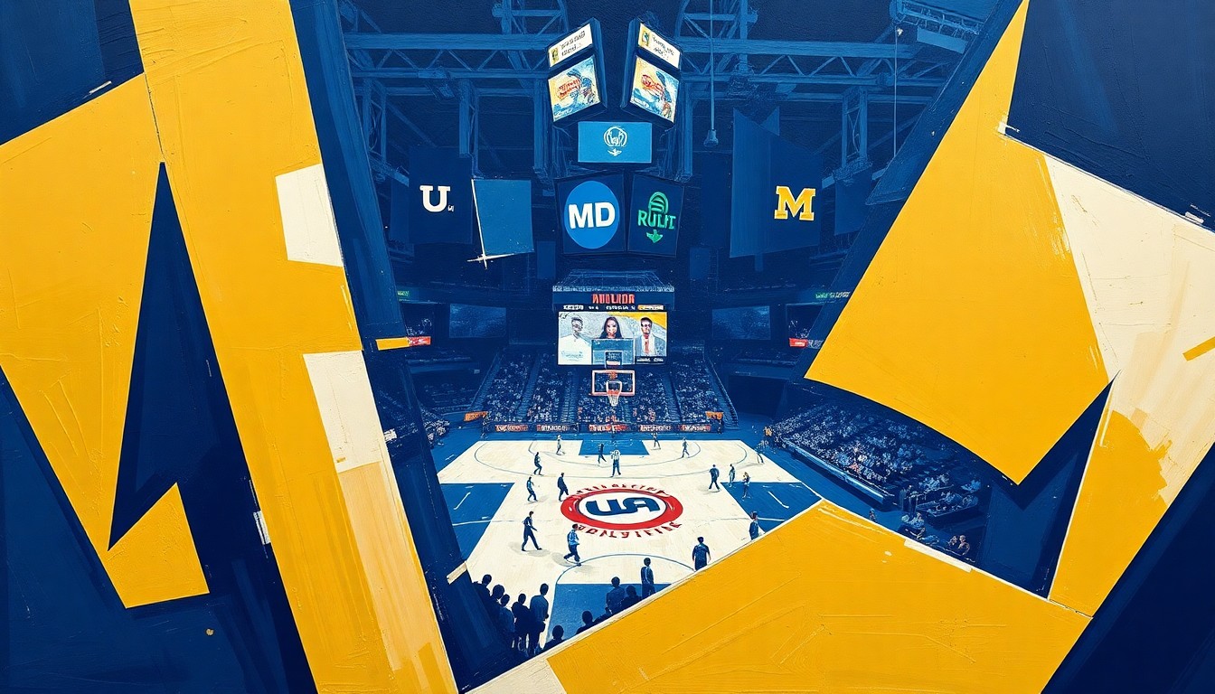 A cubist, geometric painting in navy blue, gold, and white, depicting the dynamic action and movement of a professional sports game or match.