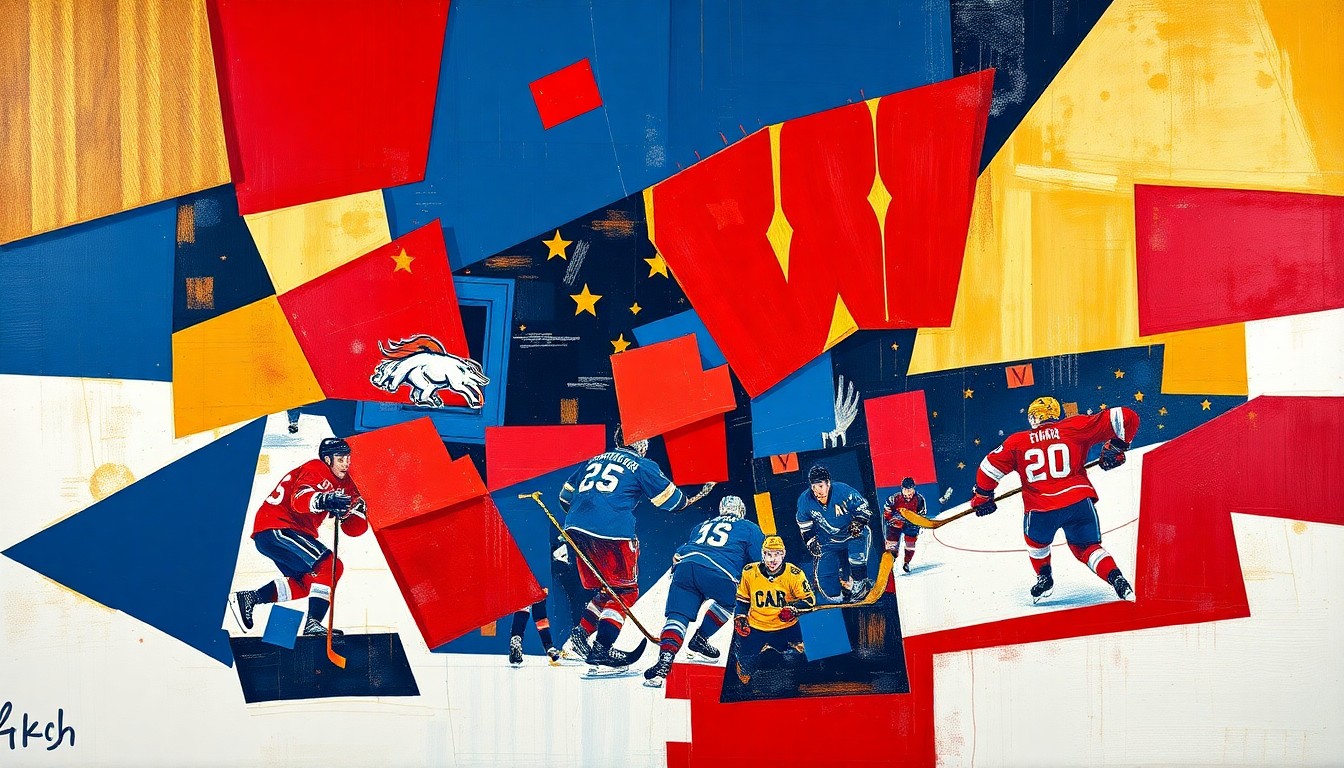 A cubist, geometric painting depicting the chaotic action of a hockey game, with players and the puck fractured into overlapping angular shapes in a vibrant color palette of navy, red, and gold.