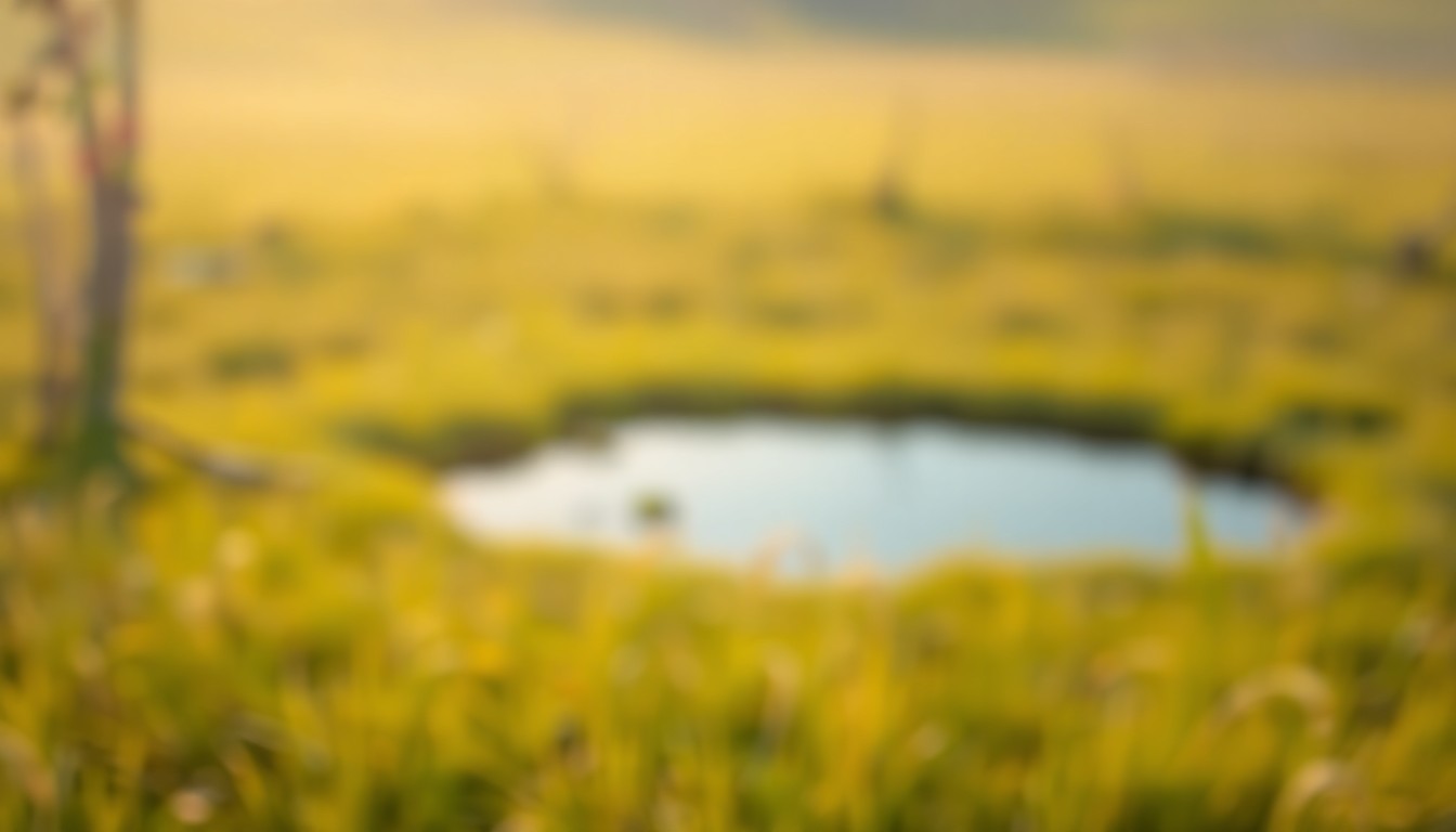 An extremely abstracted, out-of-focus photograph of a grassy field with a small pond, composed entirely of soft, warm pools of light and color, conceptually representing the peaceful and serene atmosphere of the natural environment where the escaped capybara is being sought.