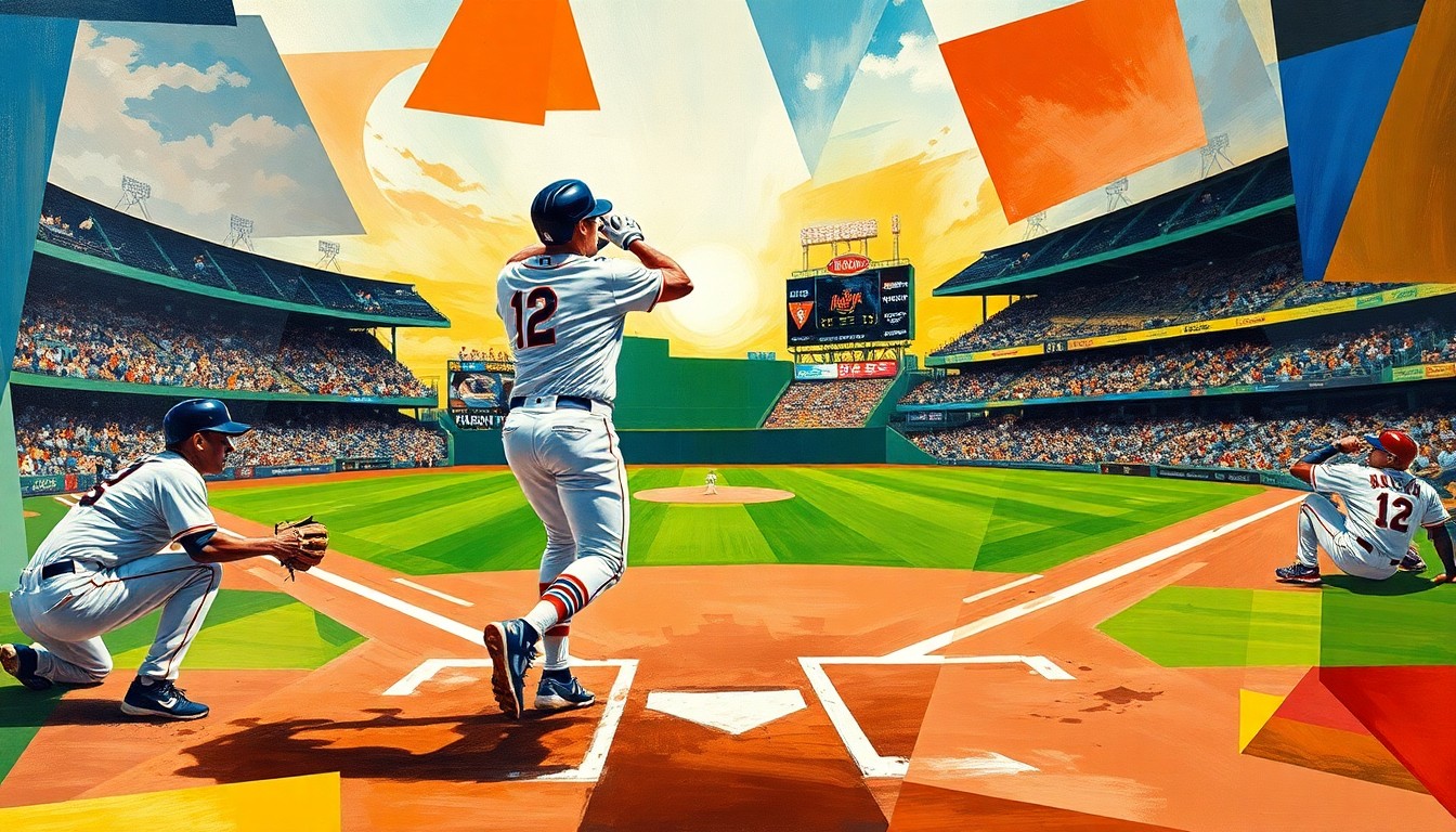 A cubist-style painting depicting a baseball player in the midst of a powerful swing, the field and players broken down into abstract geometric shapes and planes, capturing the dynamic energy of the game.