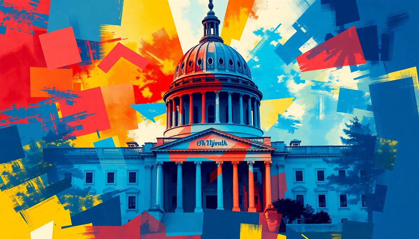 A dynamic, abstract painting composed of overlapping, fractured shapes and lines in shades of blue, red, and yellow, conveying a sense of motion and political turmoil.