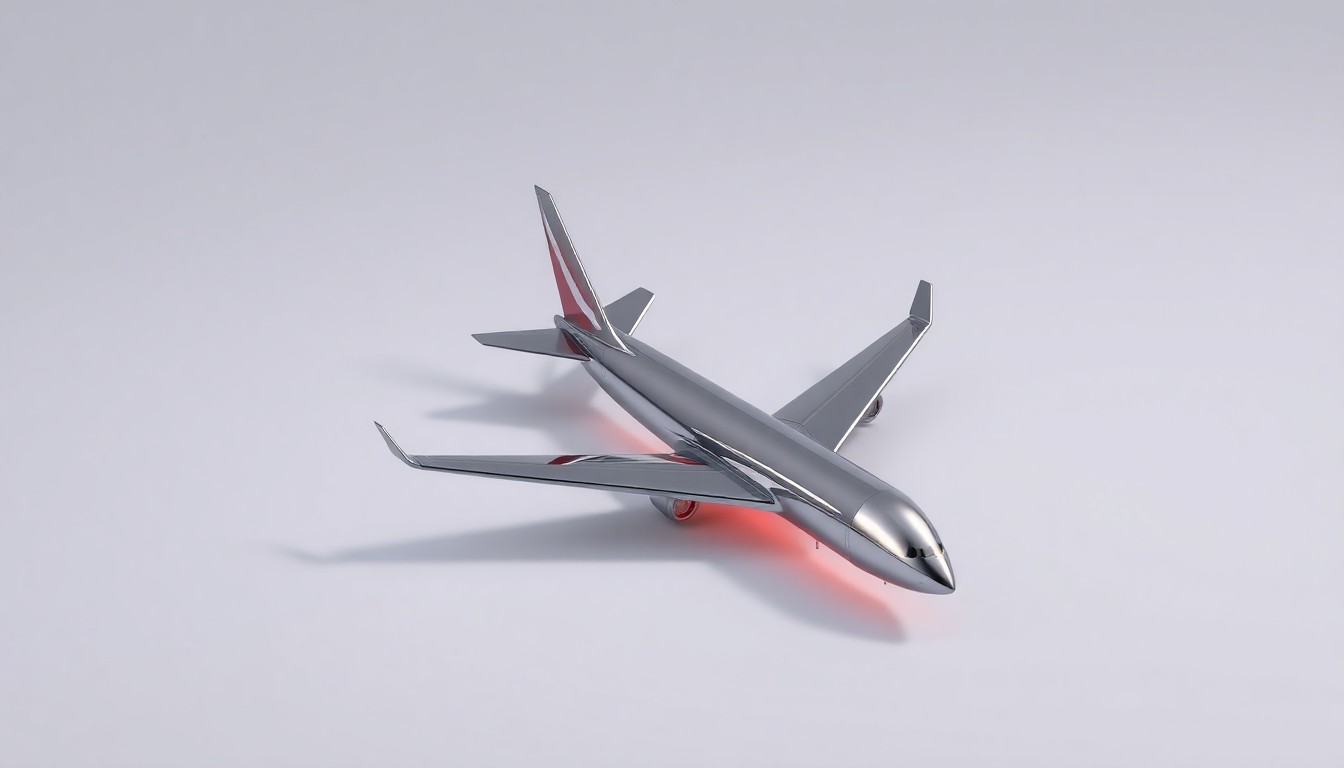 A sleek, metallic sculpture in the shape of an airplane, captured in a high-end studio photograph with dramatic lighting and shadows, symbolizing Qantas' technological advancements and financial strength.