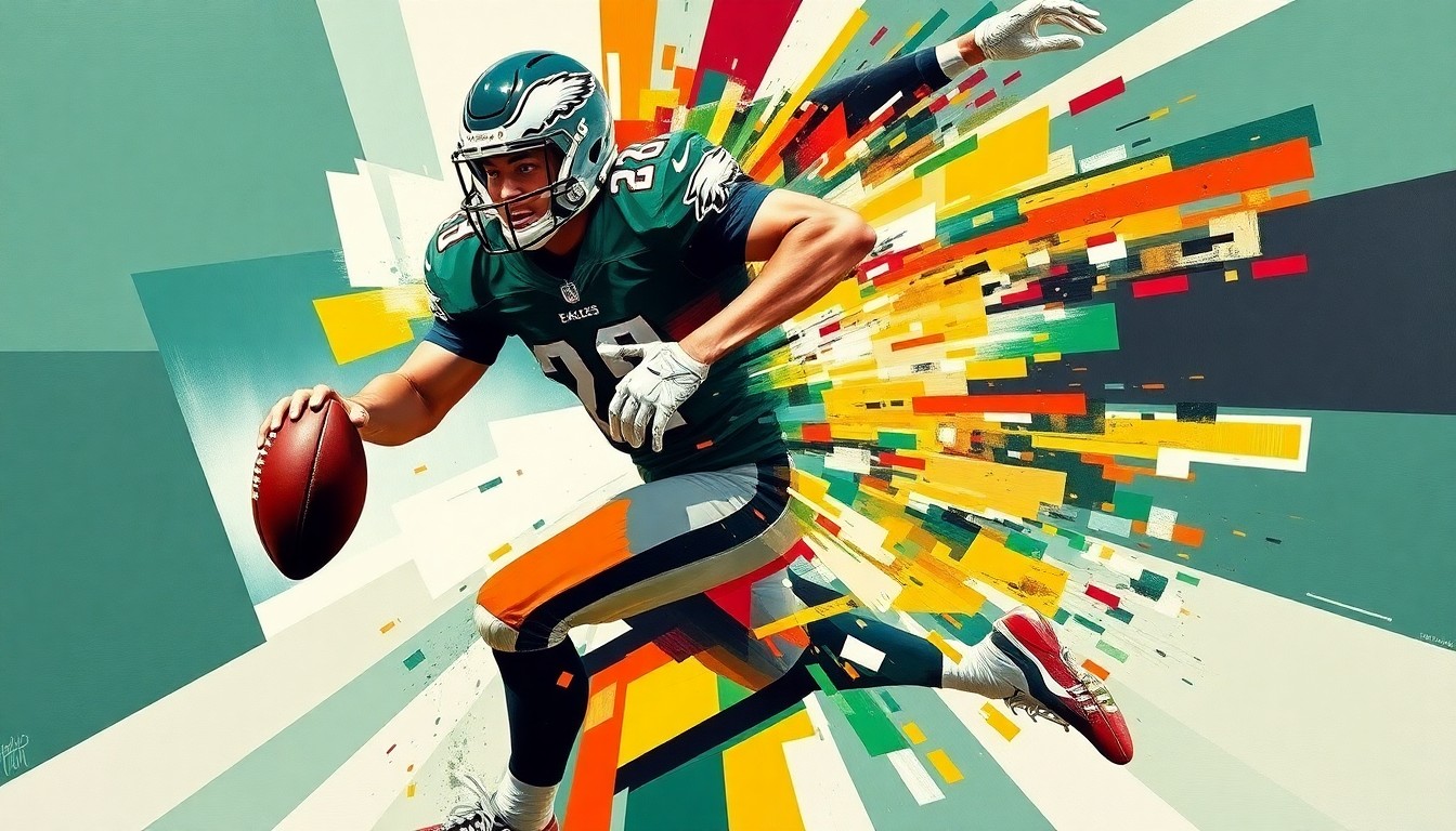 A cubist, geometric painting depicting a football player's explosive movements, with sharp, overlapping planes of green and white colors representing the Eagles' uniforms.
