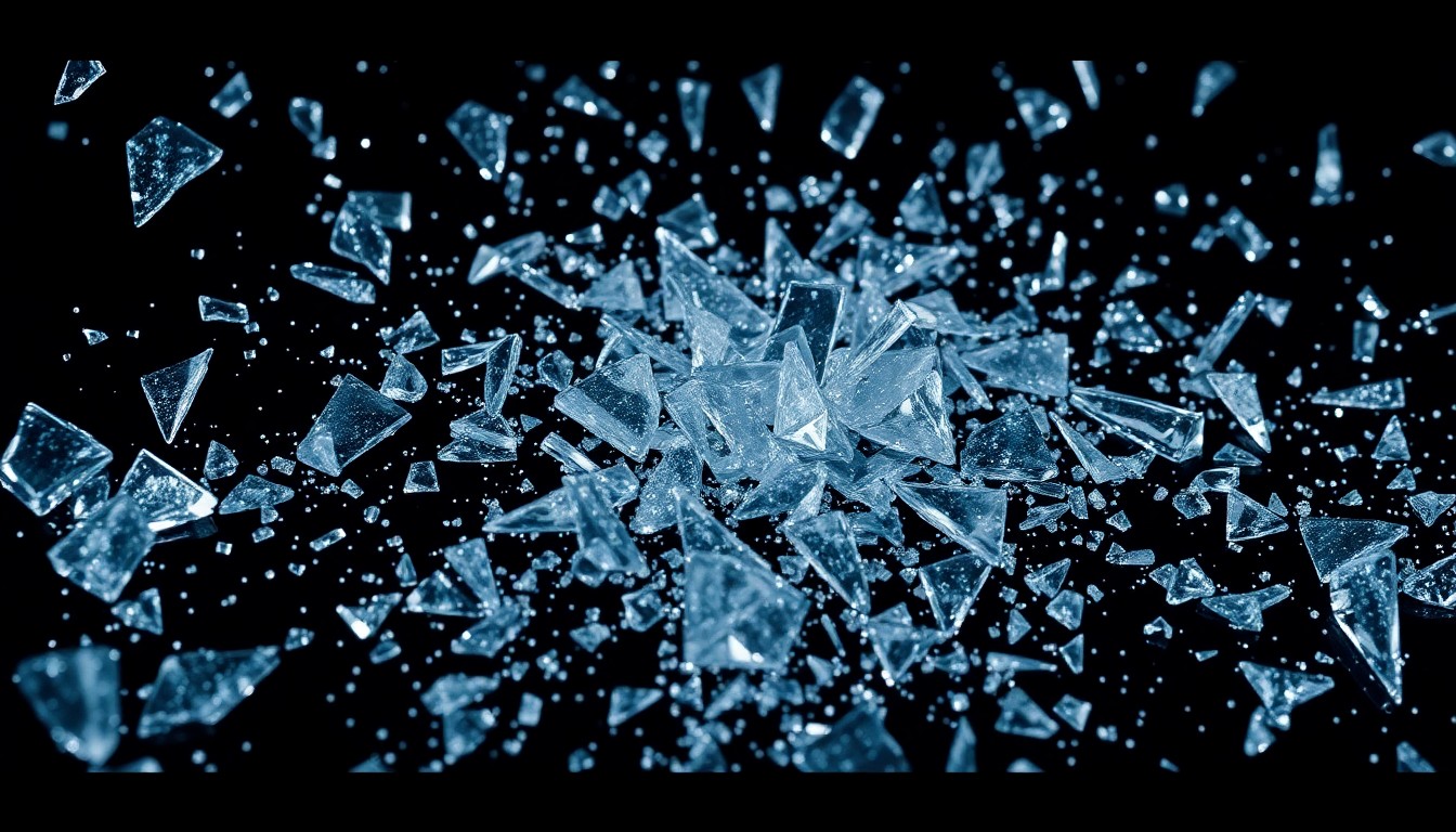 An extreme close-up photograph of shattered glass and glittering shards, captured in dramatic high-contrast studio lighting to create a sense of glamour and chaos, conceptually representing the volatile nature of Soulja Boy's online presence.