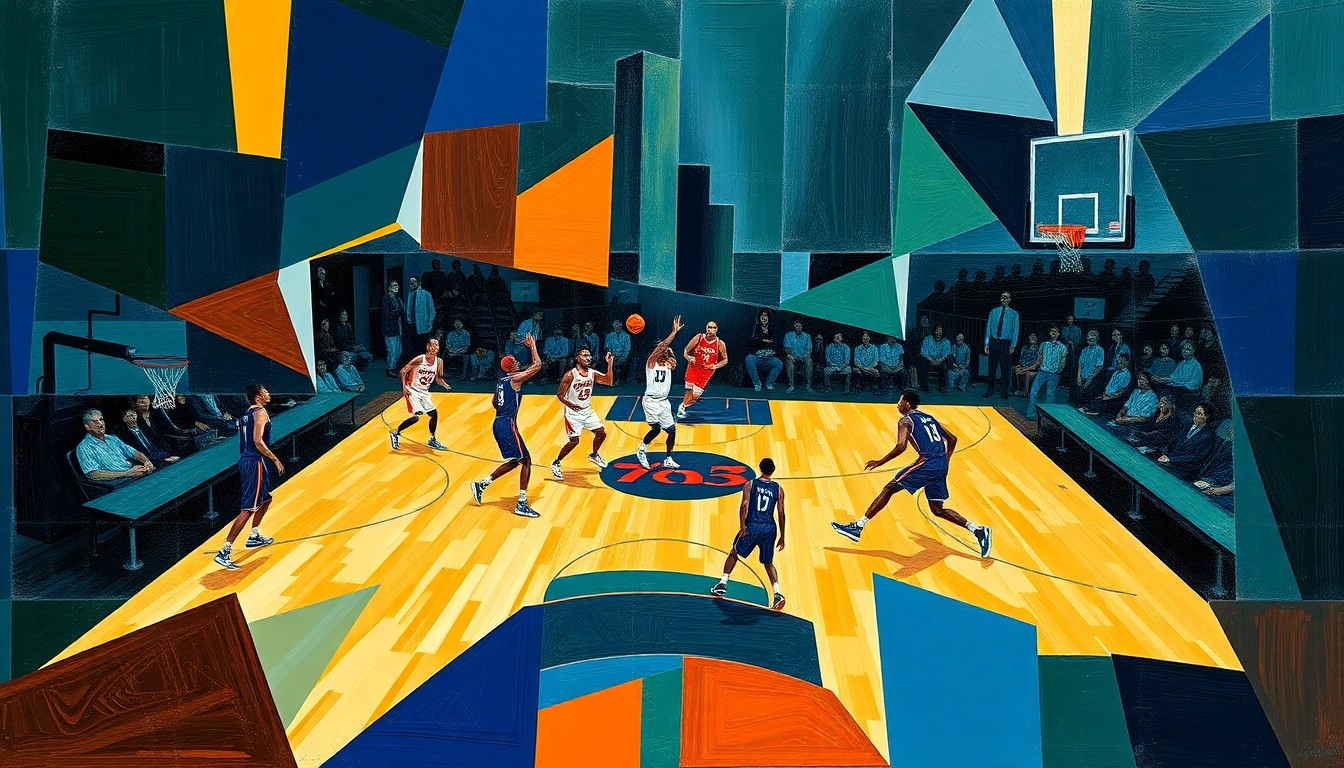 A fragmented, geometric painting depicting the dynamic movements and energy of a basketball game, with the players and court rendered in sharp, overlapping planes of navy, green, and orange.