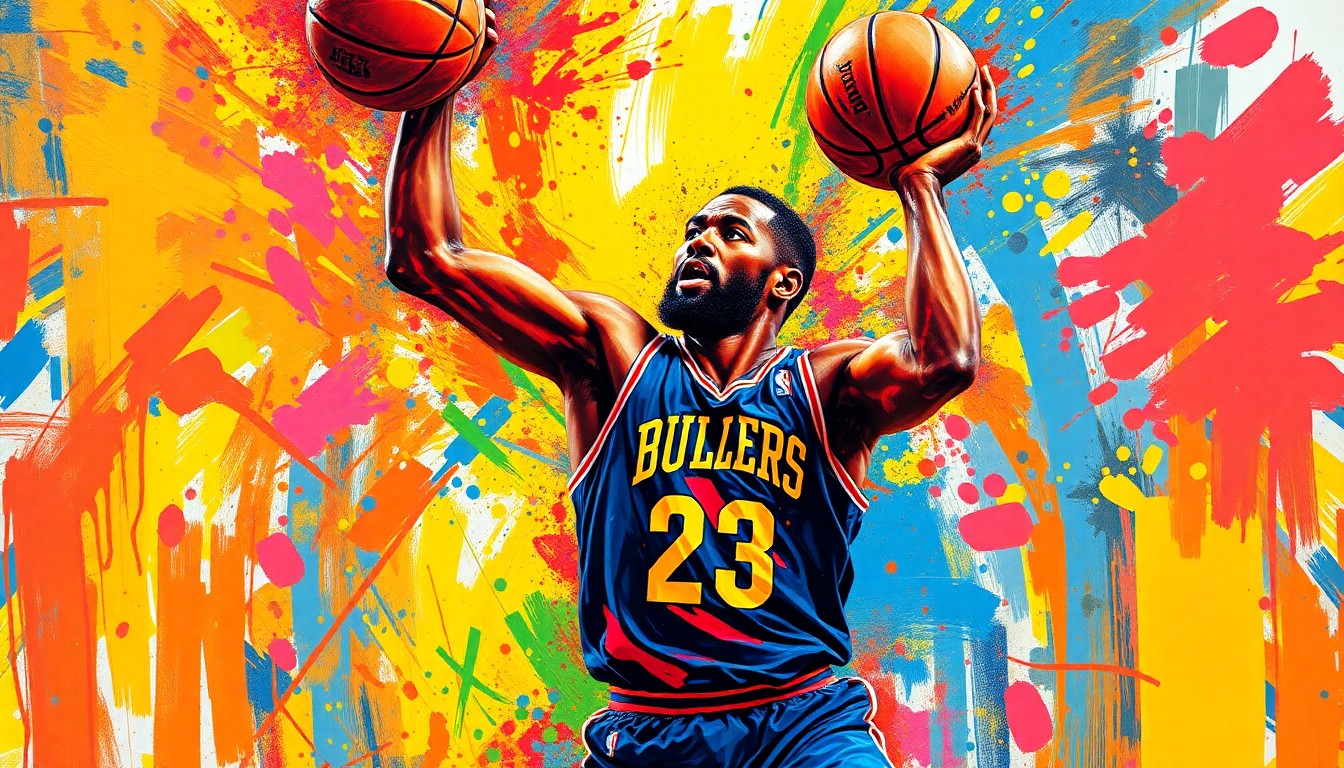 An abstract, expressionist painting featuring a basketball player in motion, with vibrant neon colors and rapid brushstrokes capturing the raw energy and dynamism of the game.