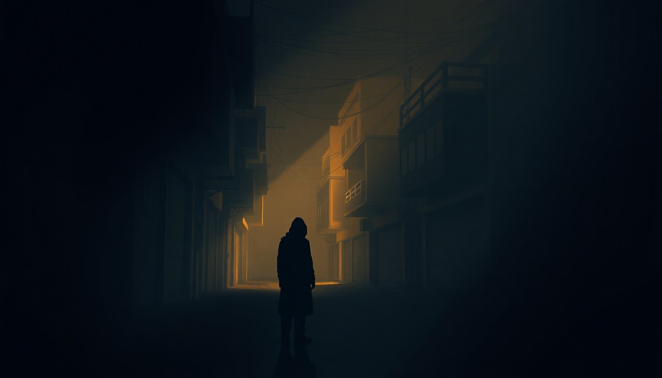 A cinematic, Hopper-esque painting of a dimly lit Middle Eastern street, with a lone figure standing in the shadows, the scene bathed in warm, diagonal sunlight and deep shadows, conveying a sense of isolation and unrest.