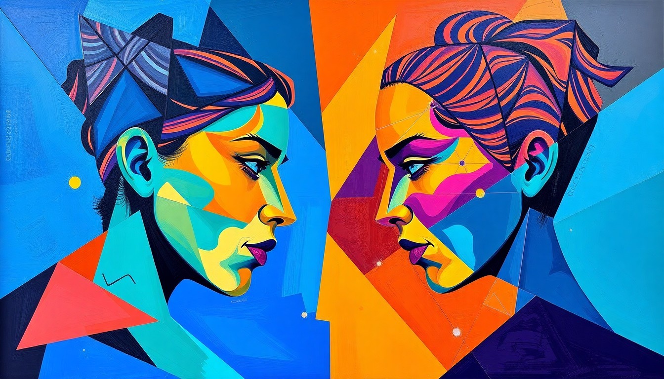 A cubist, geometric painting depicting the intense tennis match between Aryna Sabalenka and Victoria Mboko, with sharp, overlapping shapes and planes of vibrant colors capturing the dynamic energy and competitive spirit of the encounter.